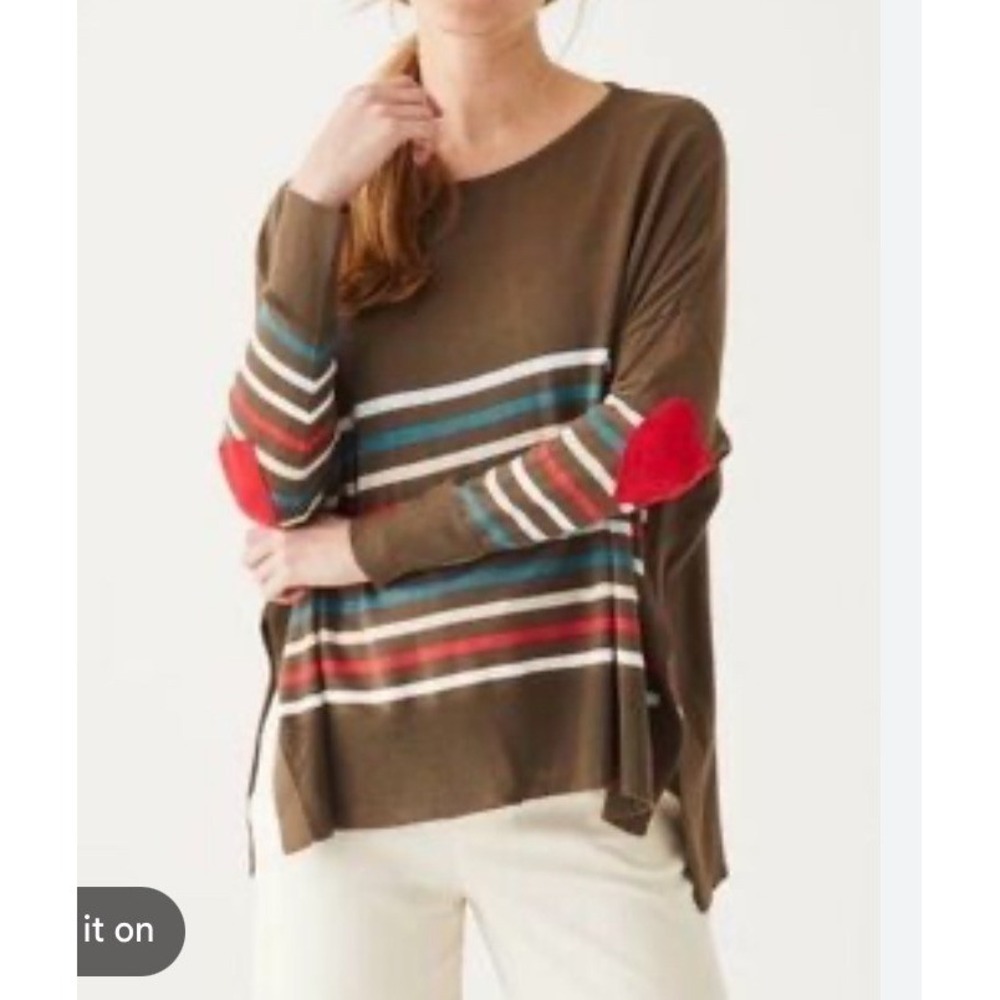 Mersea OS Brown Striped Oversized Knit Pullover Sweater Amour Crew Neck 9510